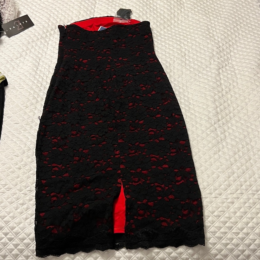 Express Black and Red Strapless Lace Dress